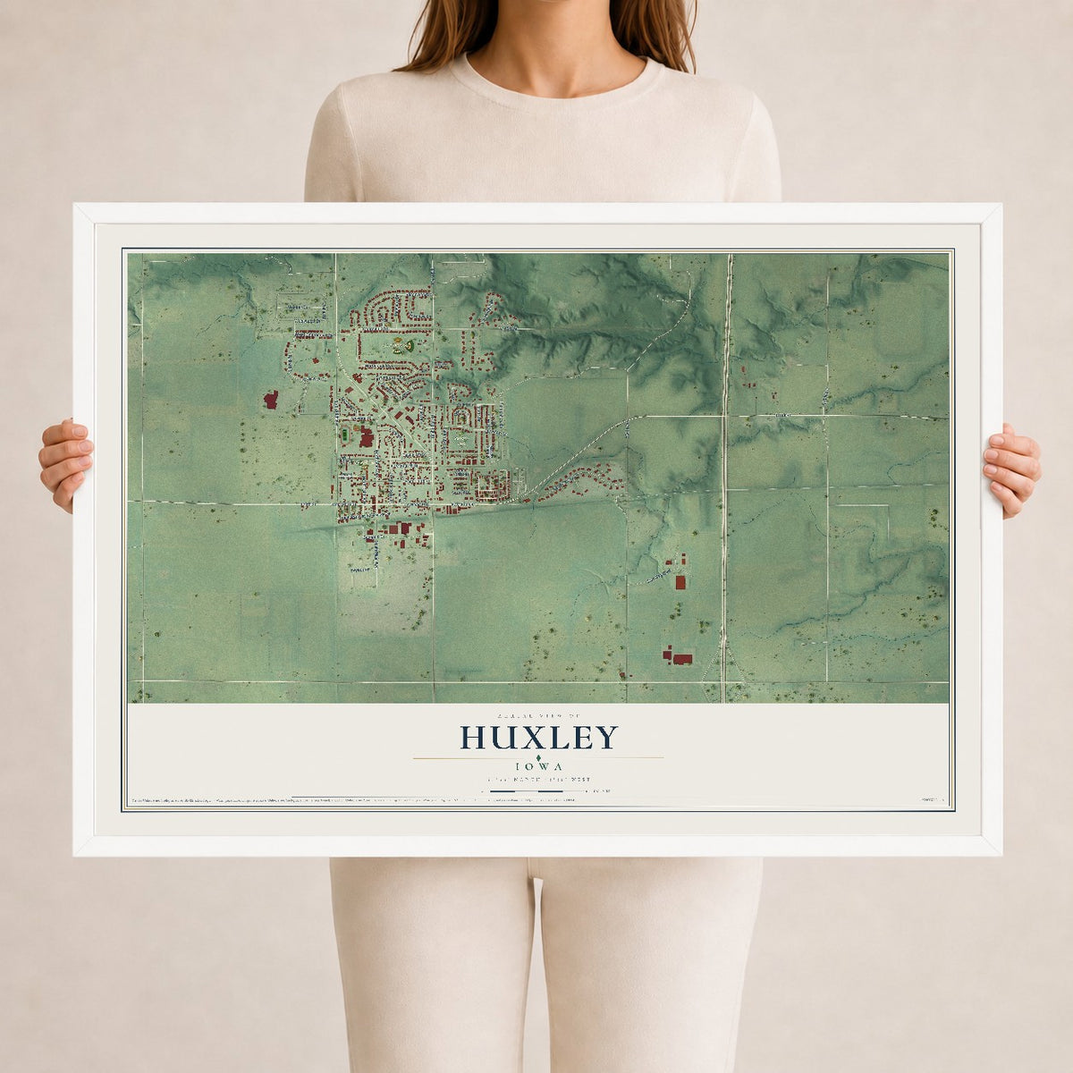 Map of Huxley, Iowa, 24 x 36 inch print in a white wood frame