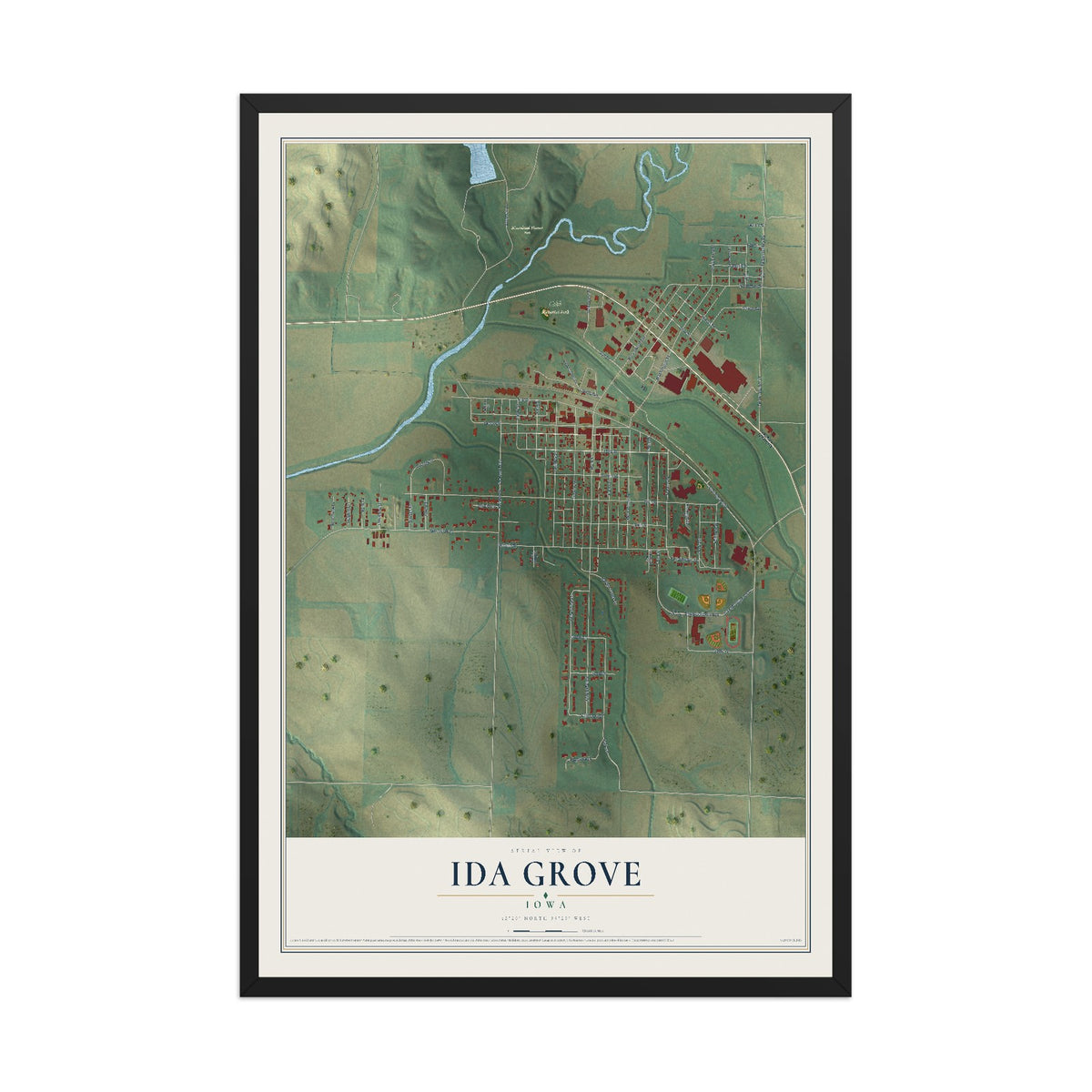 Map of Ida Grove, Iowa, 12 x 18 inch print in a black wood frame