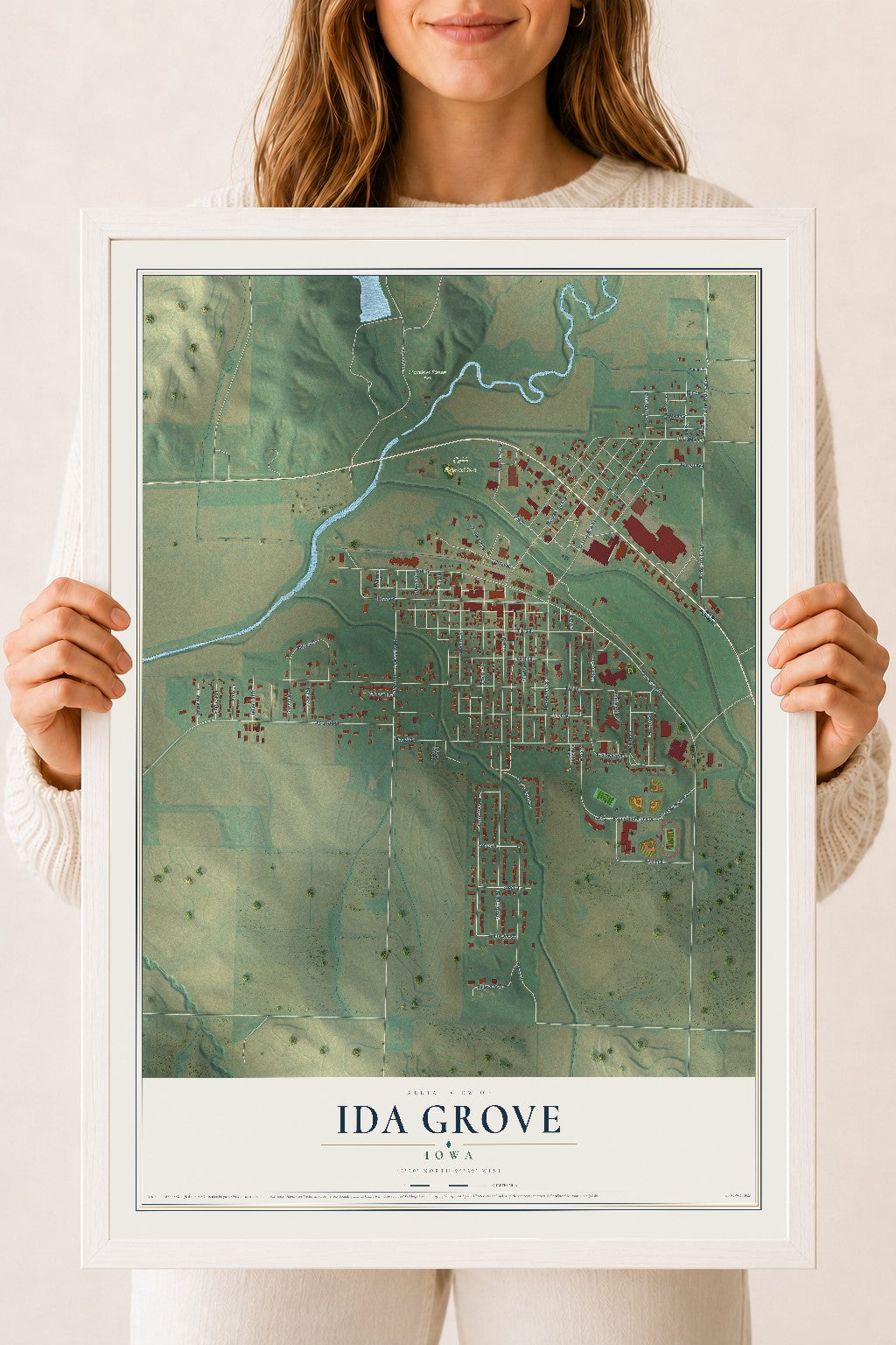Map of Ida Grove, Iowa, 18 x 24 inch print in a white wood frame