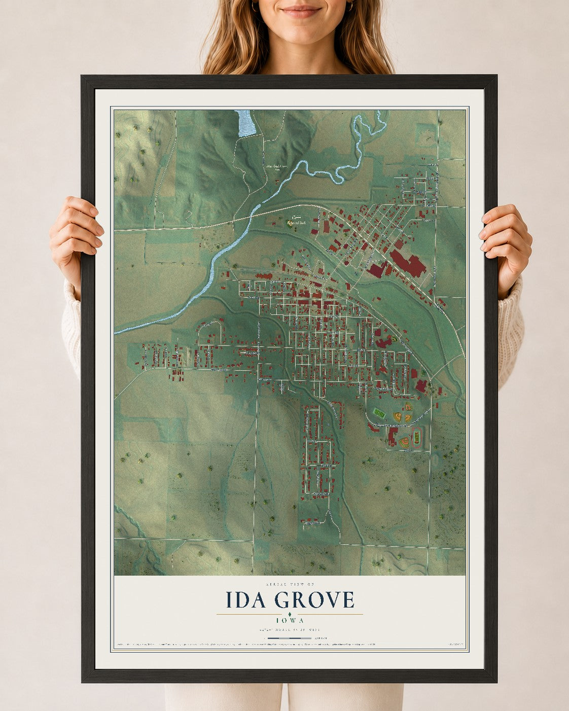 Map of Ida Grove, Iowa, 24 x 36 inch print in a black wood frame