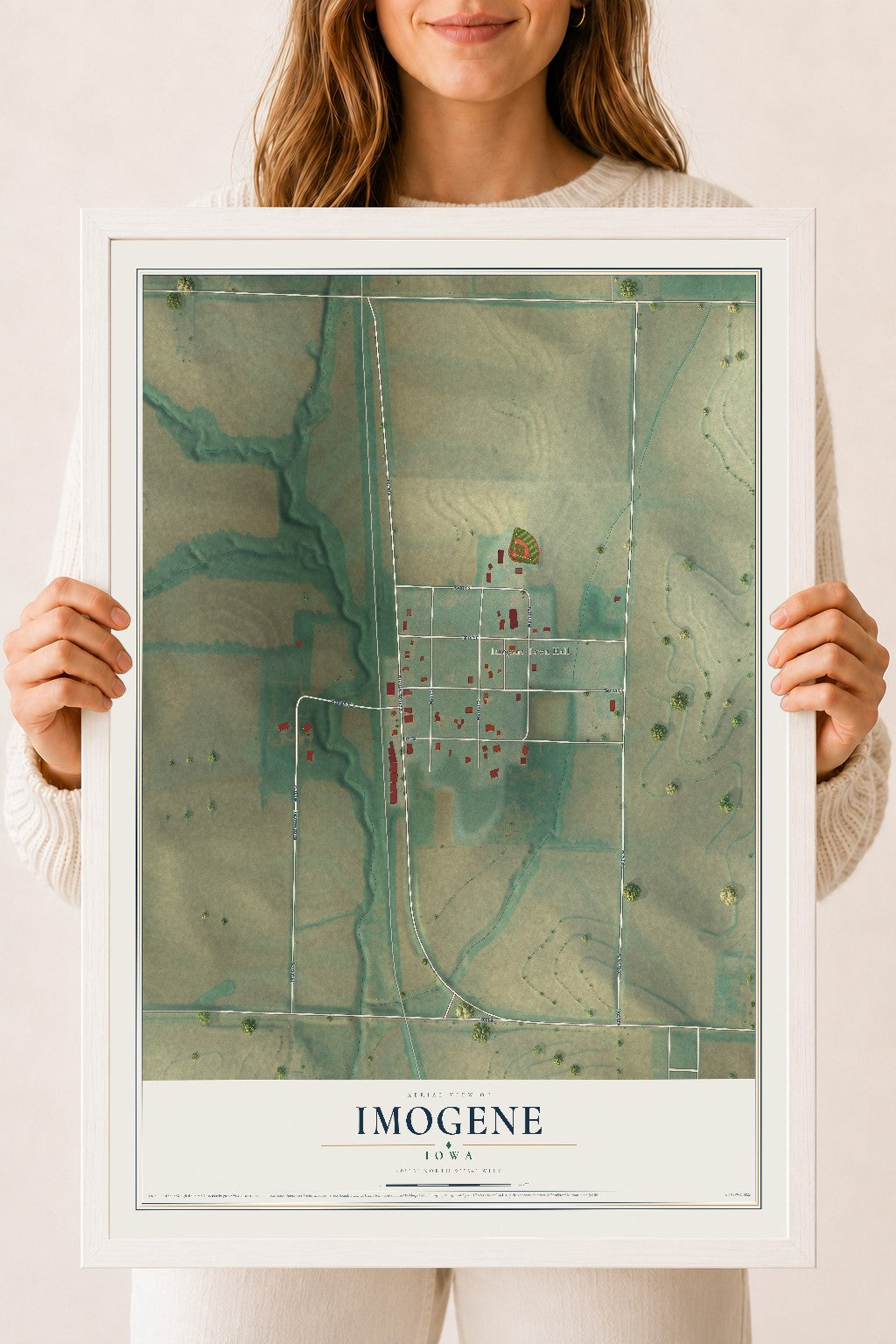 Map of Imogene, Iowa, 18 x 24 inch print in a white wood frame