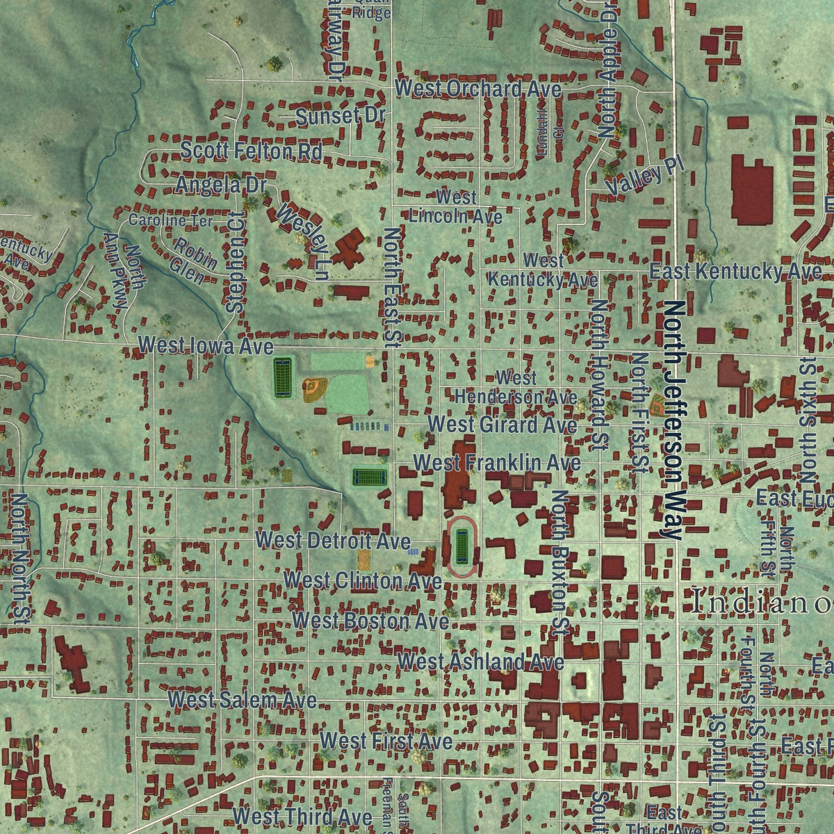 Close-up of the map of Indianola, Iowa print showing street and building detail