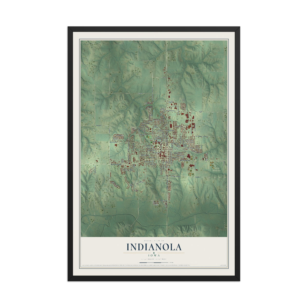 Map of Indianola, Iowa, 12 x 18 inch print in a black wood frame