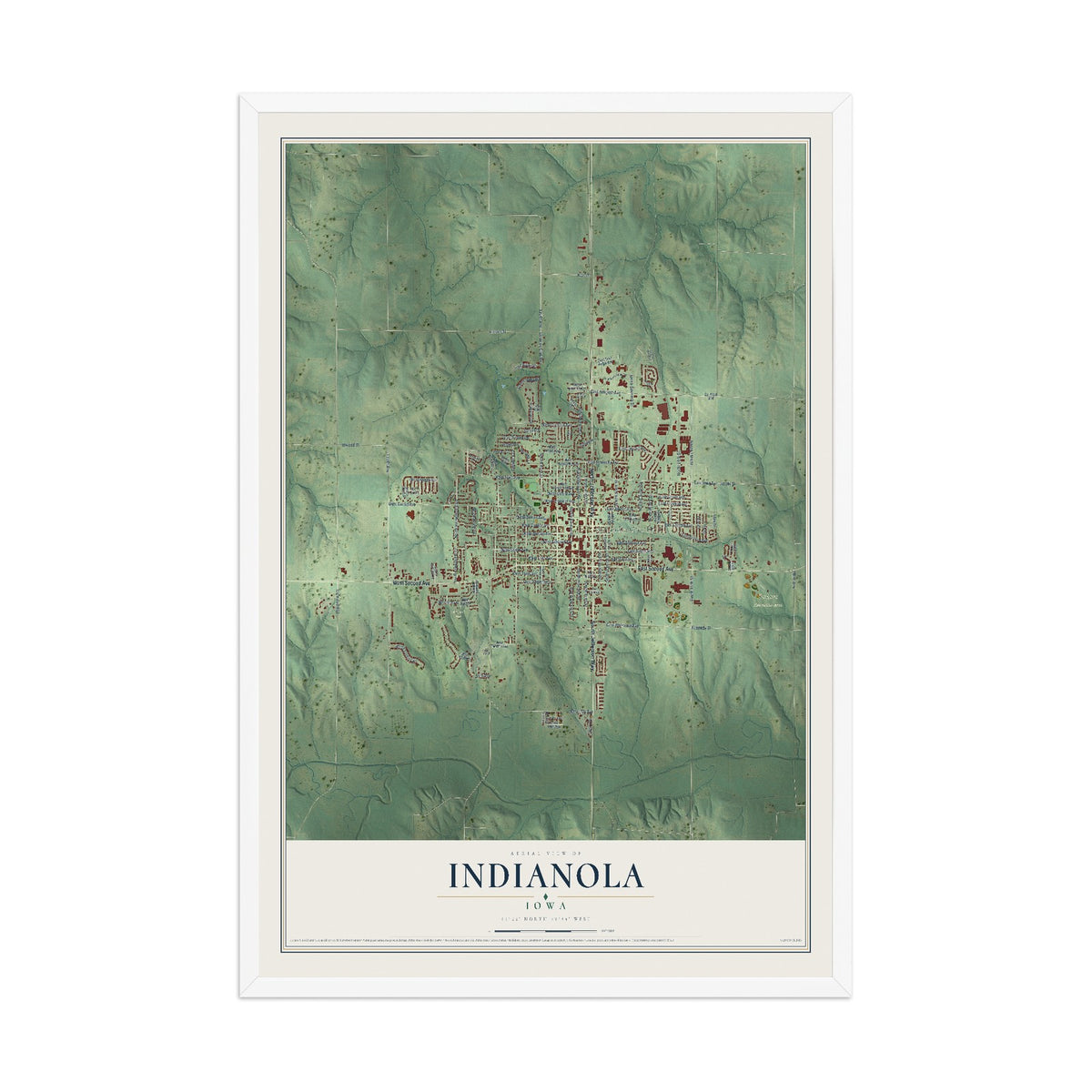 Map of Indianola, Iowa, 12 x 18 inch print in a white wood frame