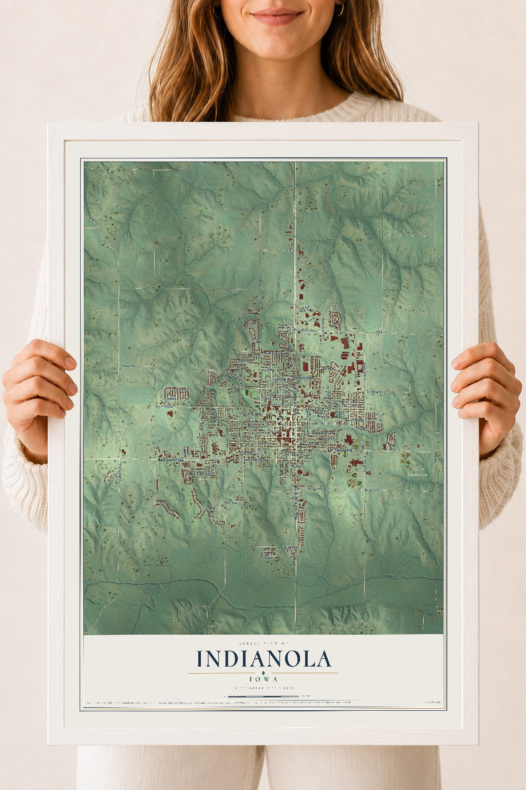 Map of Indianola, Iowa, 18 x 24 inch print in a white wood frame