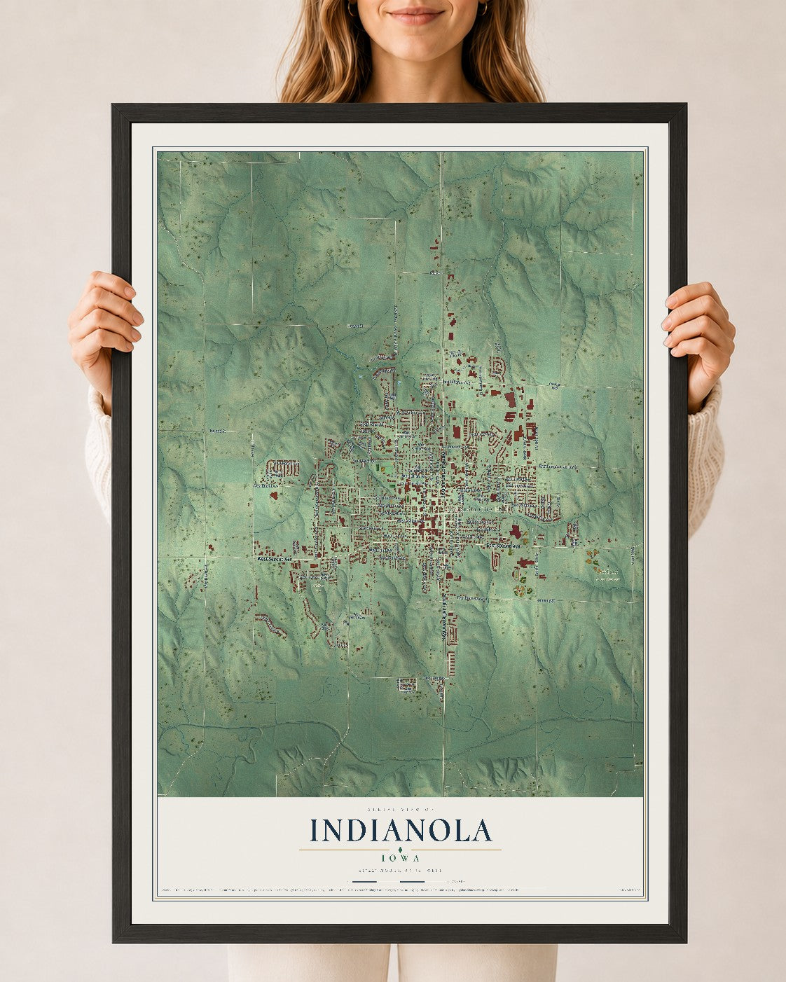Map of Indianola, Iowa, 24 x 36 inch print in a black wood frame