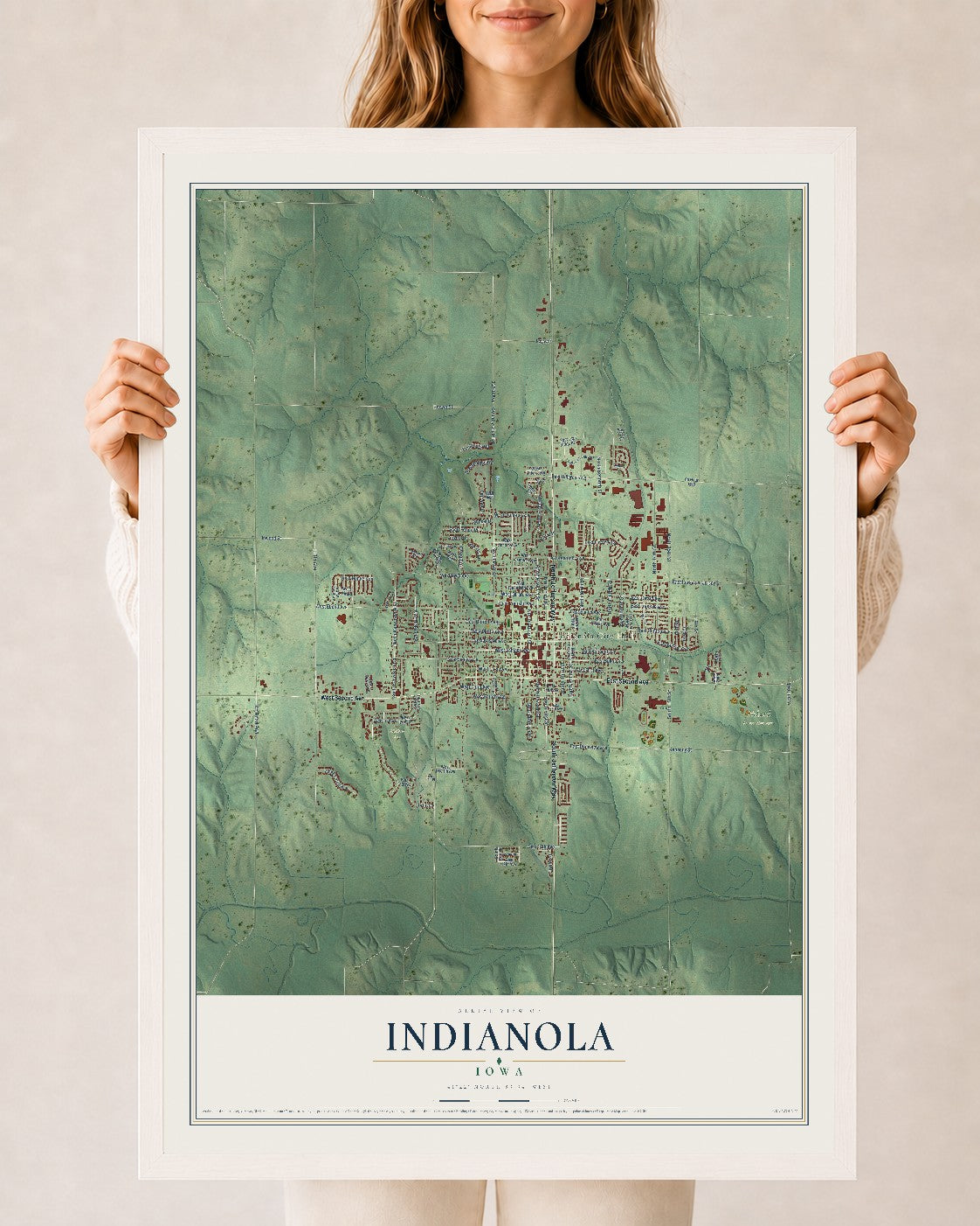 Map of Indianola, Iowa, 24 x 36 inch print in a white wood frame