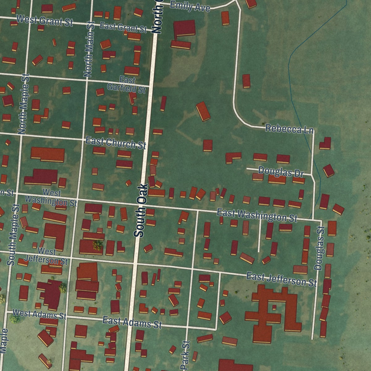 Close-up of the map of Inwood, Iowa print showing street and building detail