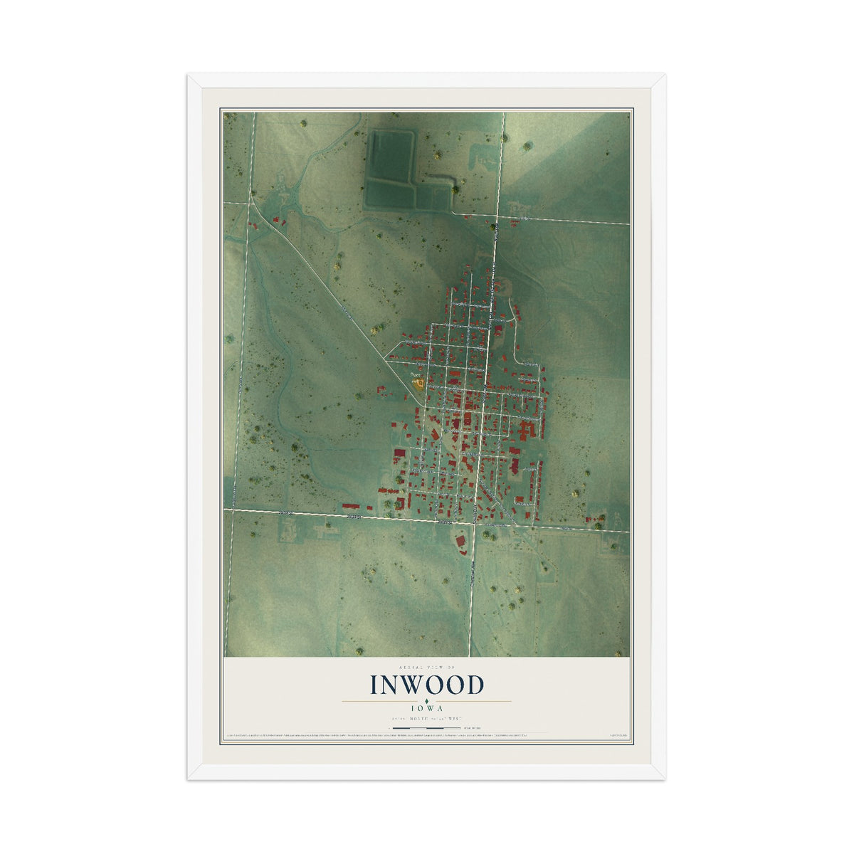 Map of Inwood, Iowa, 12 x 18 inch print in a white wood frame