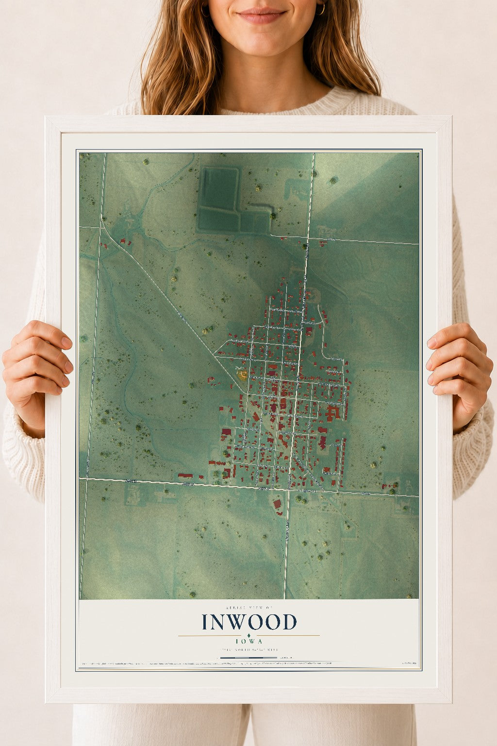 Map of Inwood, Iowa, 18 x 24 inch print in a white wood frame