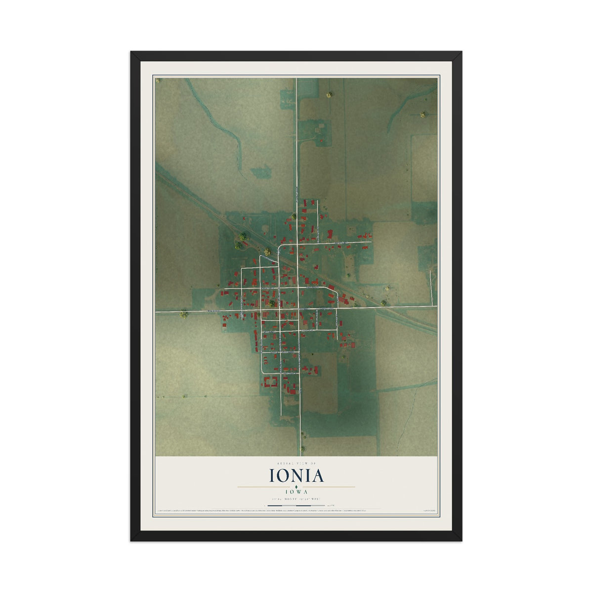 Map of Ionia, Iowa, 12 x 18 inch print in a black wood frame