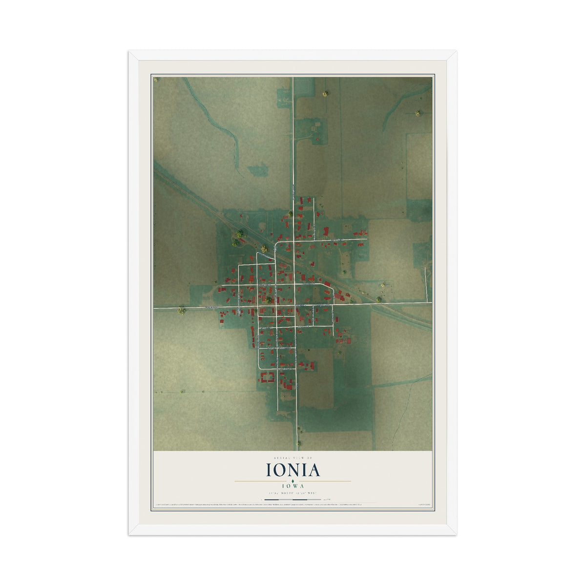 Map of Ionia, Iowa, 12 x 18 inch print in a white wood frame