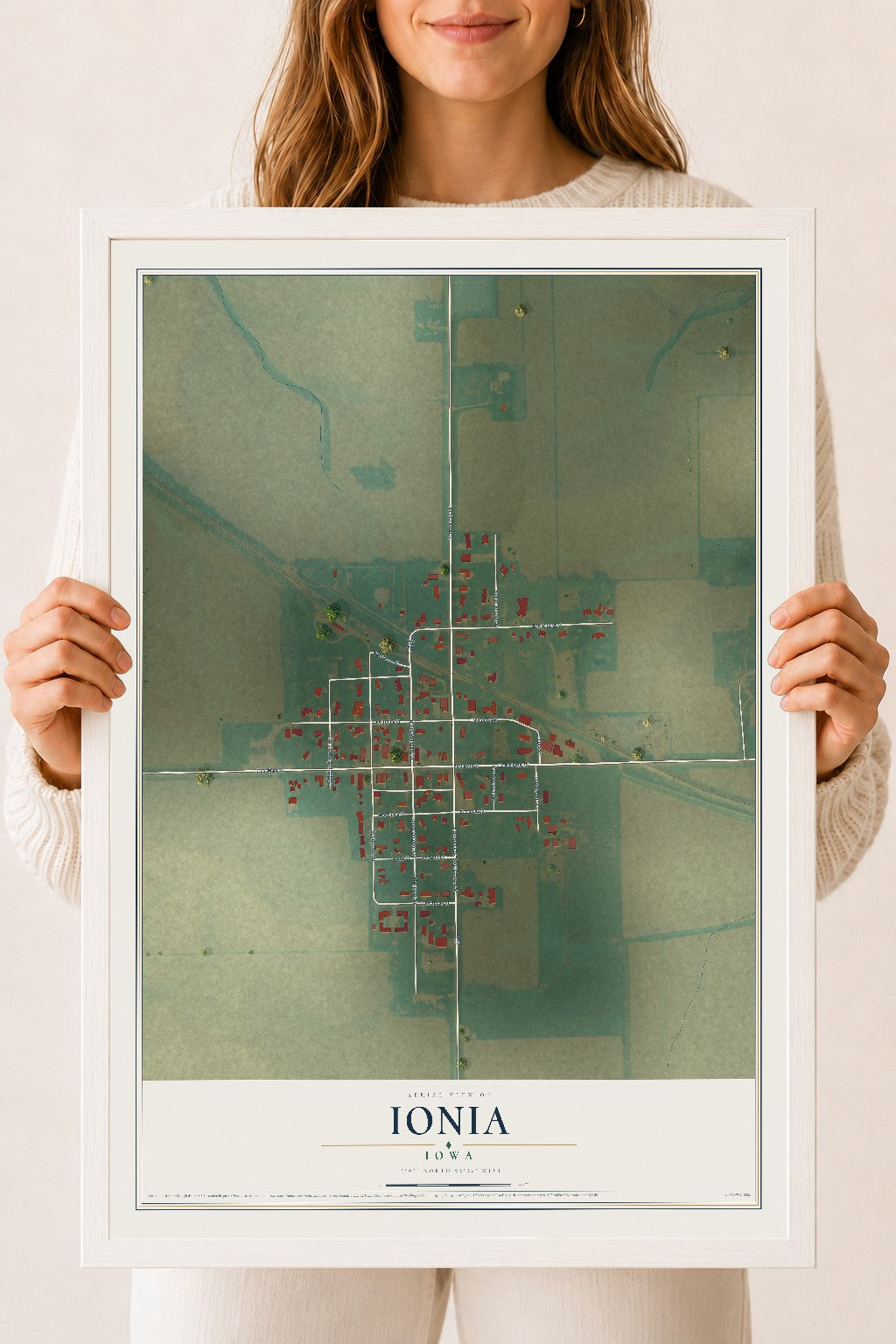 Map of Ionia, Iowa, 18 x 24 inch print in a white wood frame