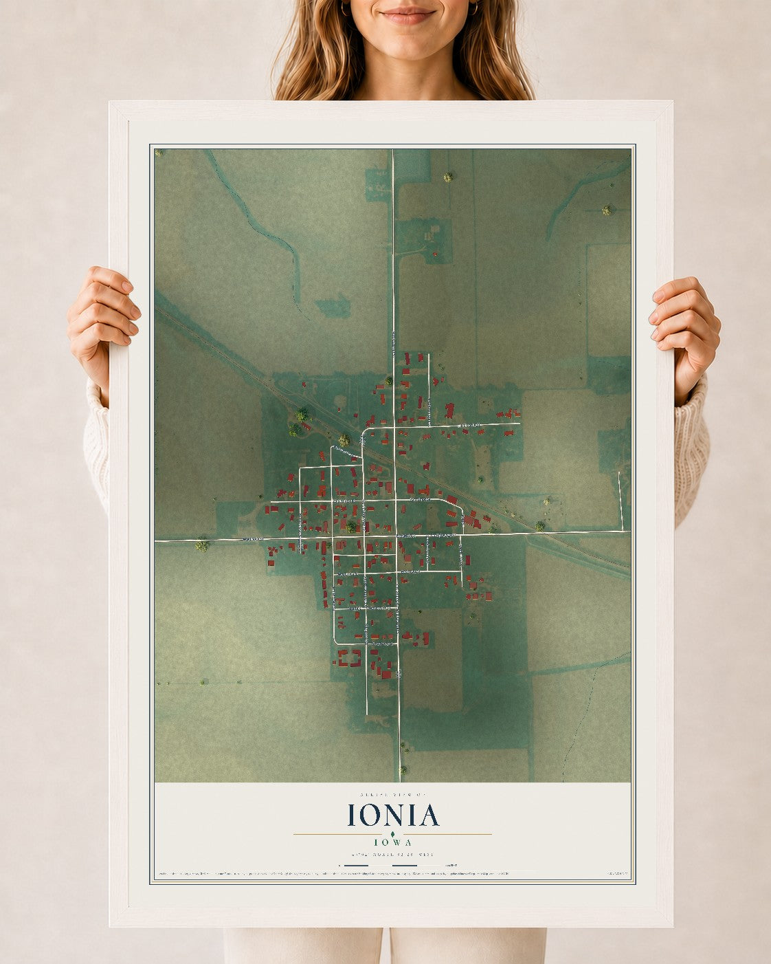 Map of Ionia, Iowa, 24 x 36 inch print in a white wood frame