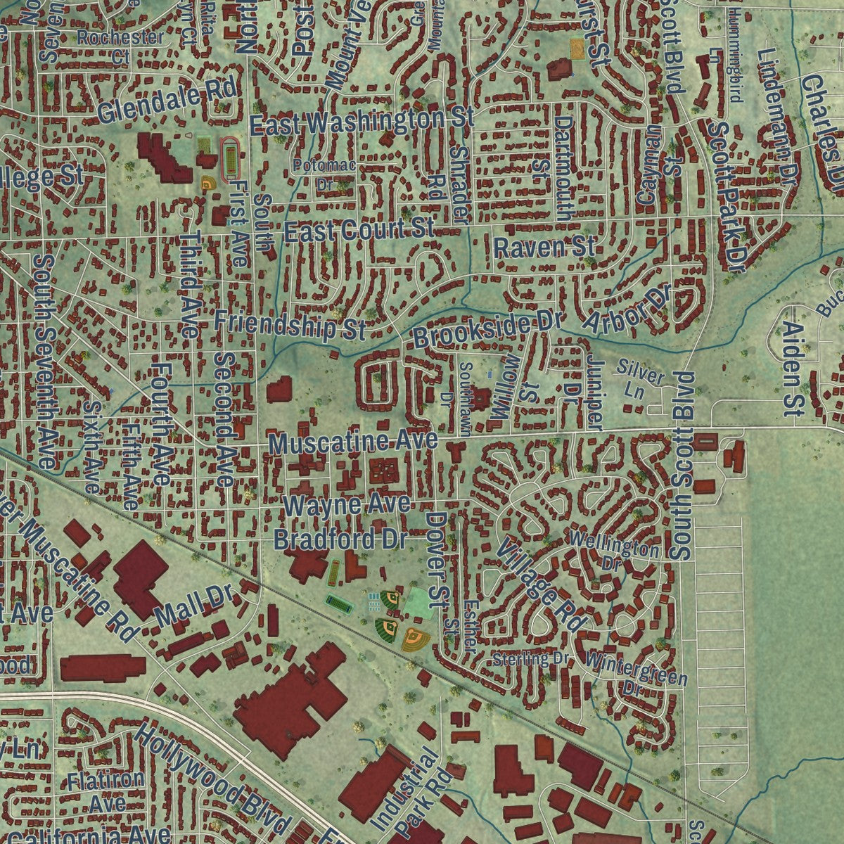 Close-up of the map of Iowa City, Iowa print showing street and building detail