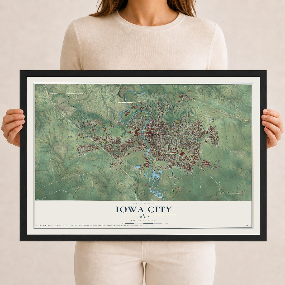 Map of Iowa City, Iowa, 12 x 18 inch print in a black wood frame