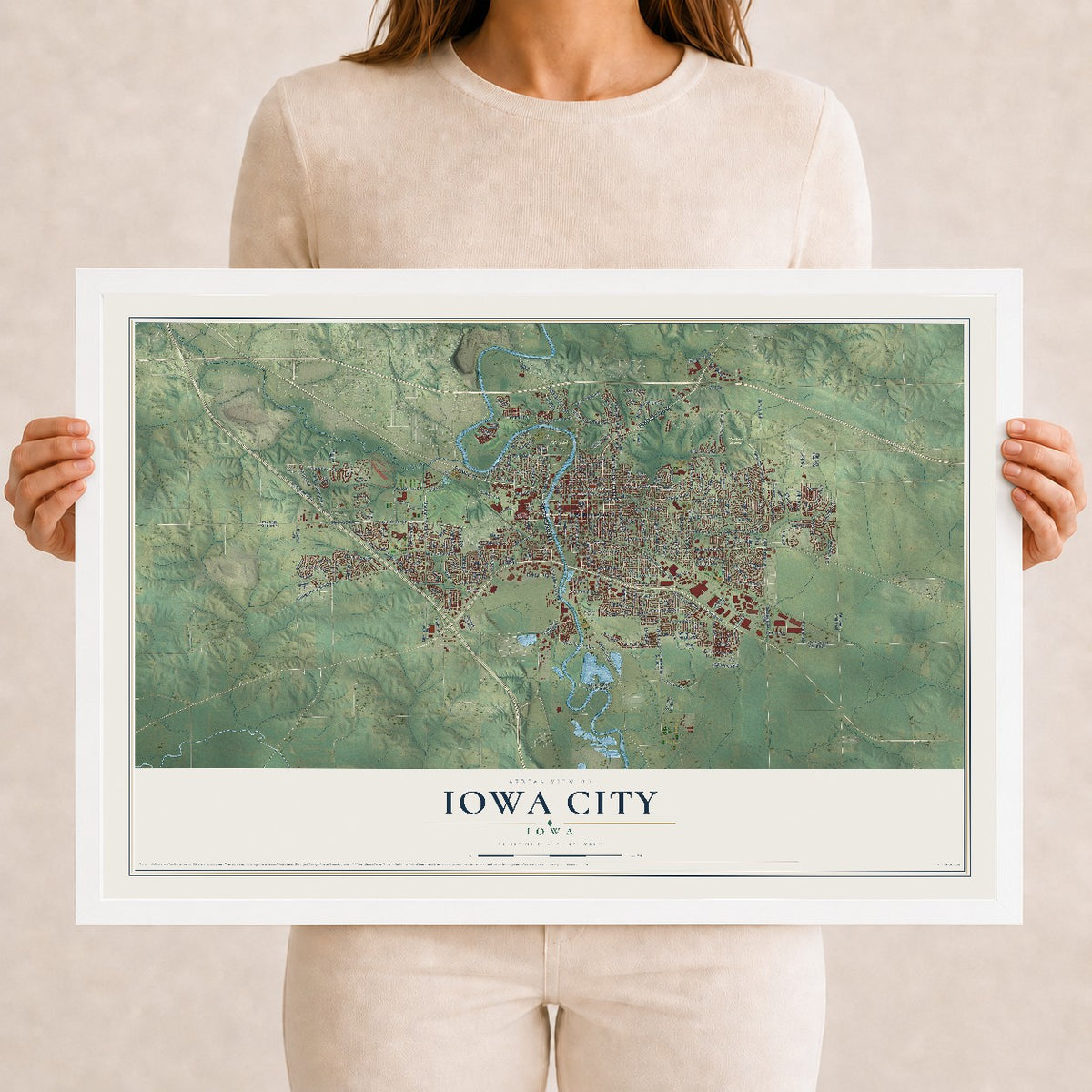 Map of Iowa City, Iowa, 12 x 18 inch print in a white wood frame