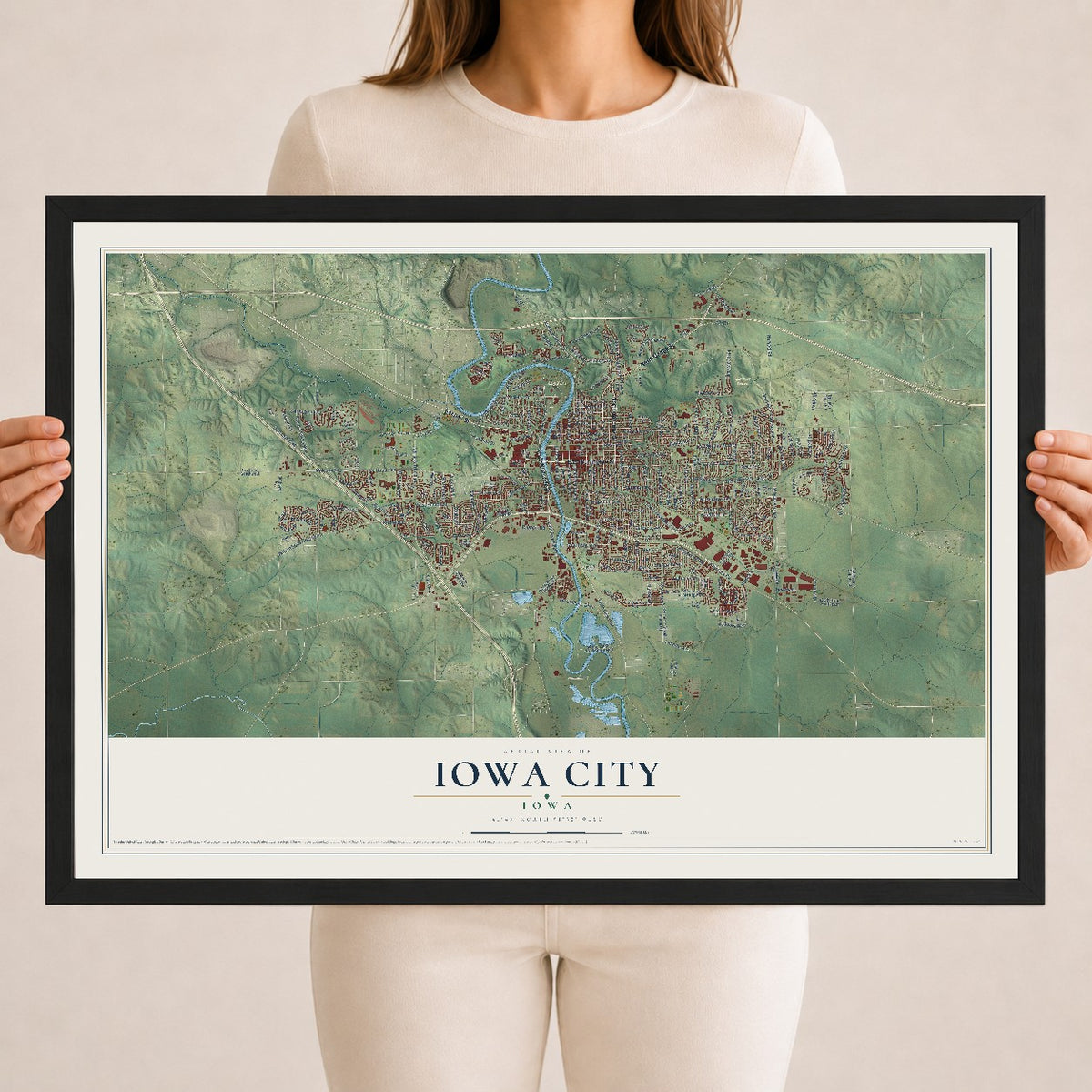 Map of Iowa City, Iowa, 18 x 24 inch print in a black wood frame