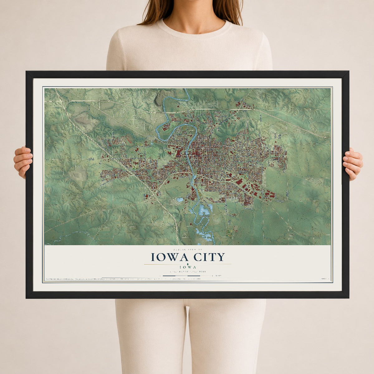 Map of Iowa City, Iowa, 24 x 36 inch print in a black wood frame