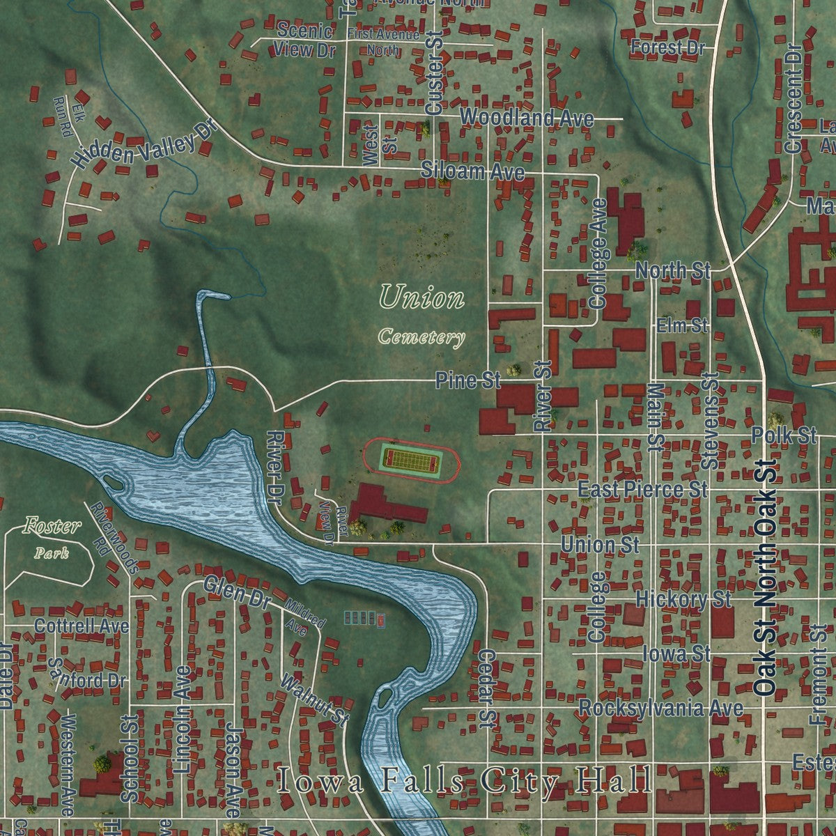 Close-up of the map of Iowa Falls, Iowa print showing street and building detail