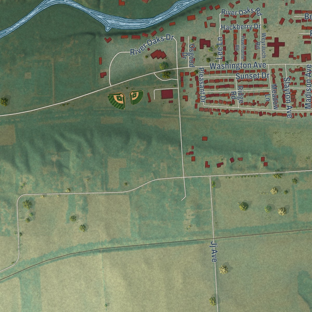 Second close-up of the map of Iowa Falls, Iowa print showing more streets and buildings