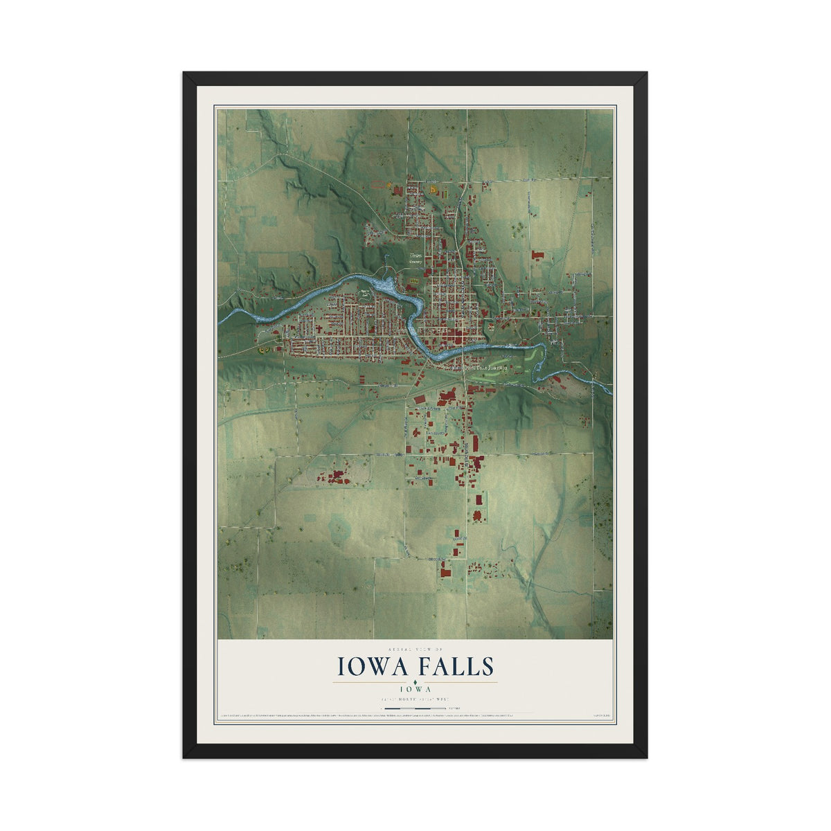 Map of Iowa Falls, Iowa, 12 x 18 inch print in a black wood frame