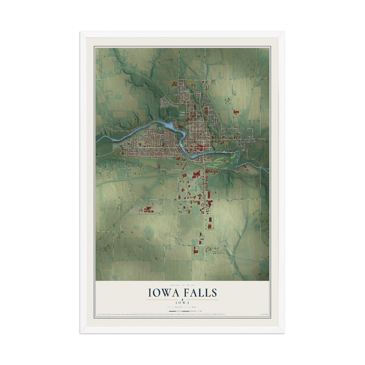 Map of Iowa Falls, Iowa, 12 x 18 inch print in a white wood frame