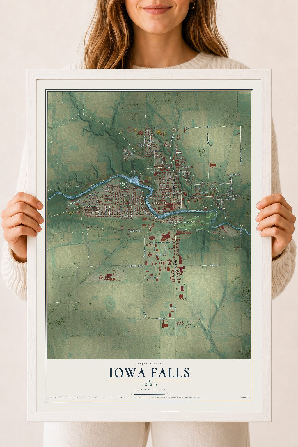Map of Iowa Falls, Iowa, 18 x 24 inch print in a white wood frame