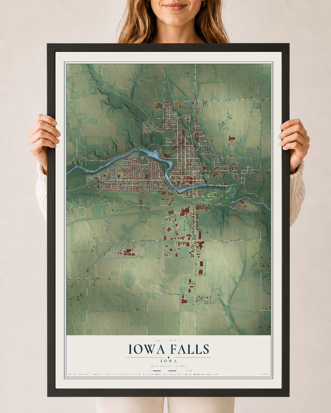 Map of Iowa Falls, Iowa, 24 x 36 inch print in a black wood frame