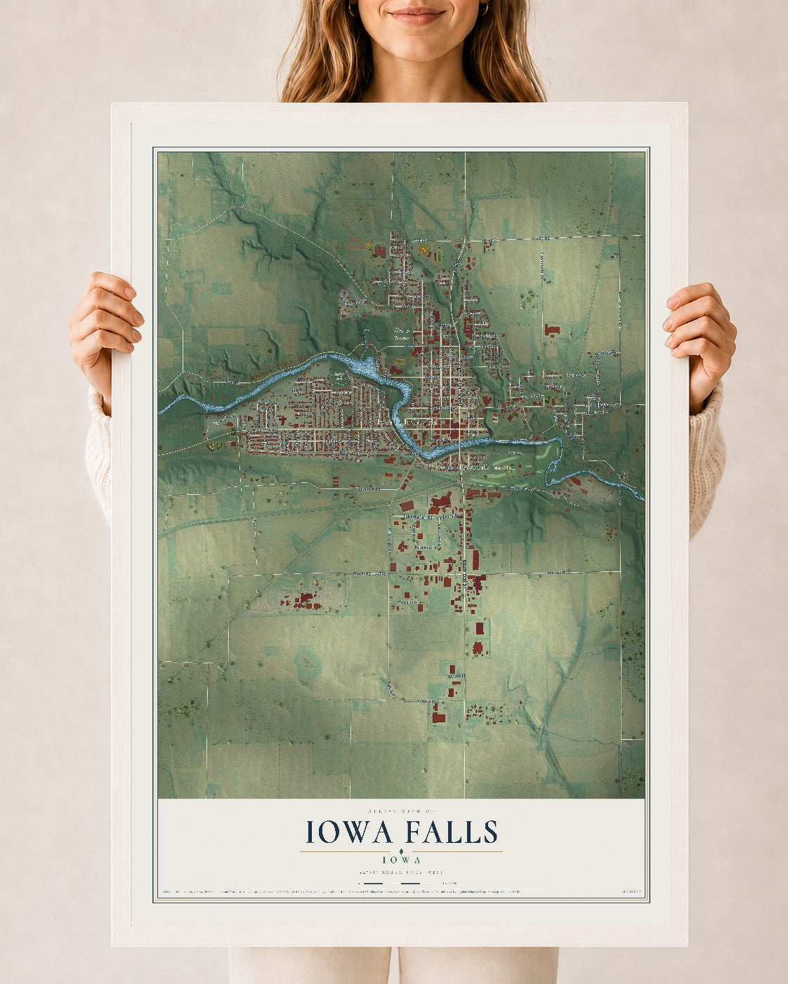 Map of Iowa Falls, Iowa, 24 x 36 inch print in a white wood frame