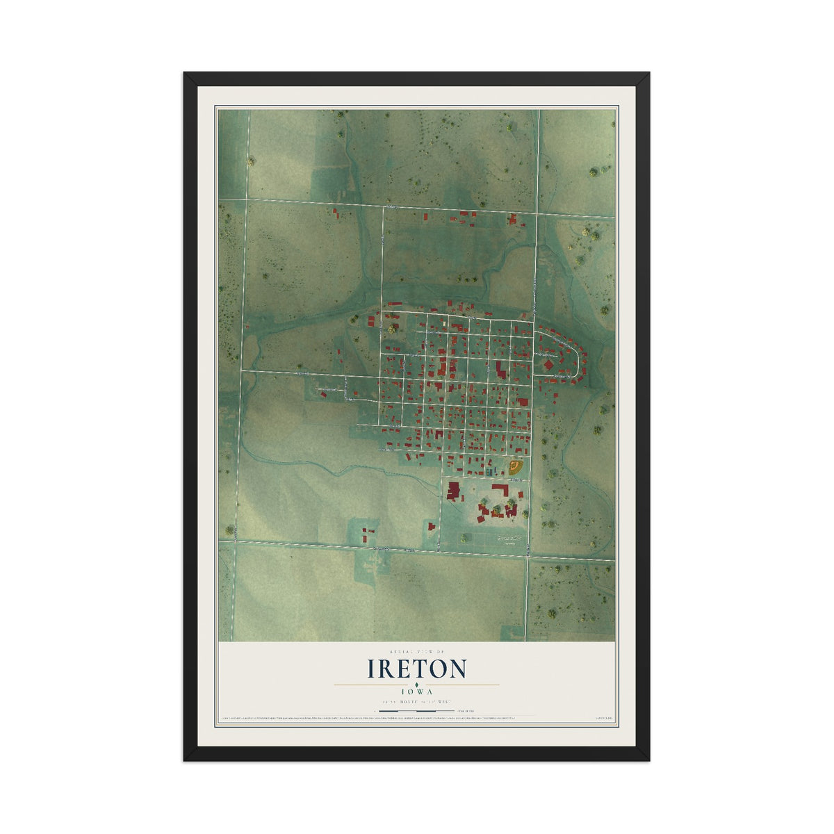 Map of Ireton, Iowa, 12 x 18 inch print in a black wood frame