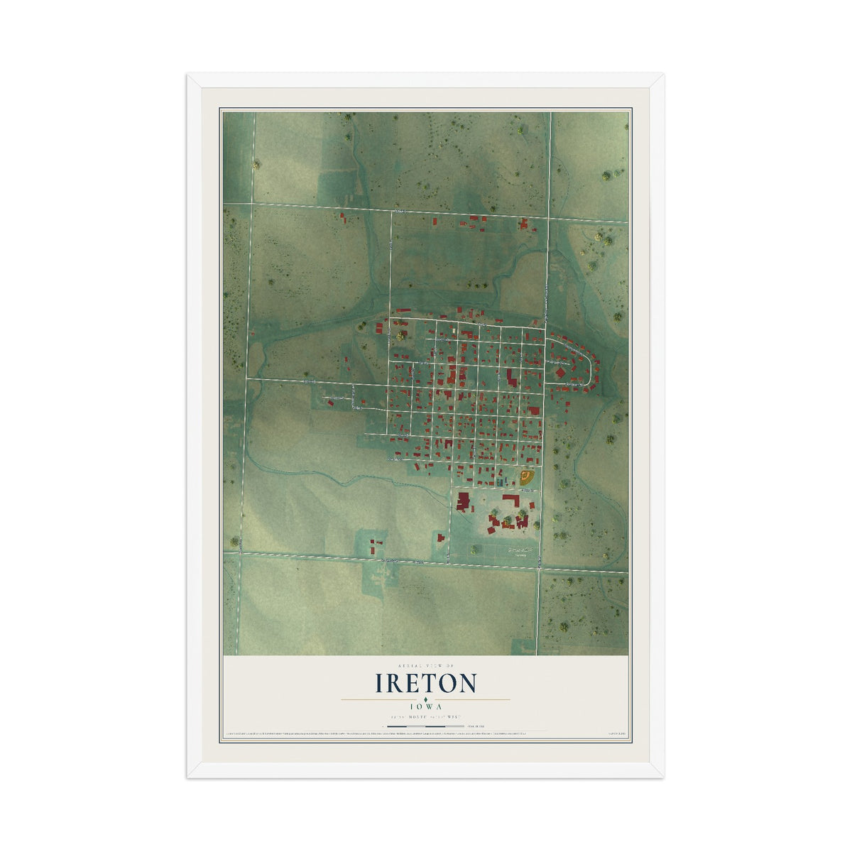 Map of Ireton, Iowa, 12 x 18 inch print in a white wood frame