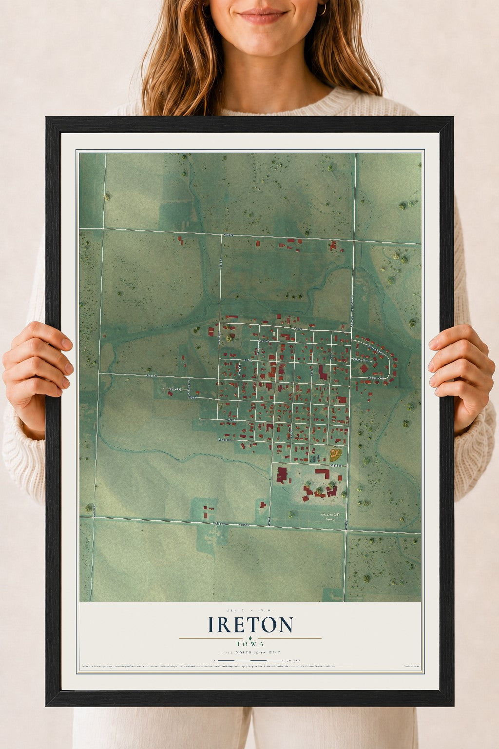 Map of Ireton, Iowa, 18 x 24 inch print in a black wood frame