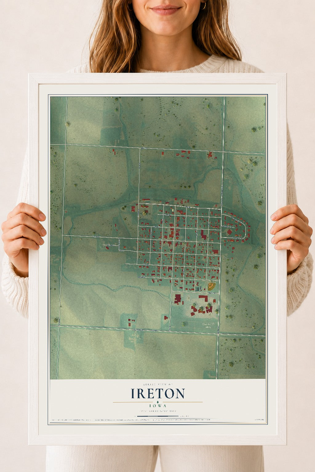 Map of Ireton, Iowa, 18 x 24 inch print in a white wood frame