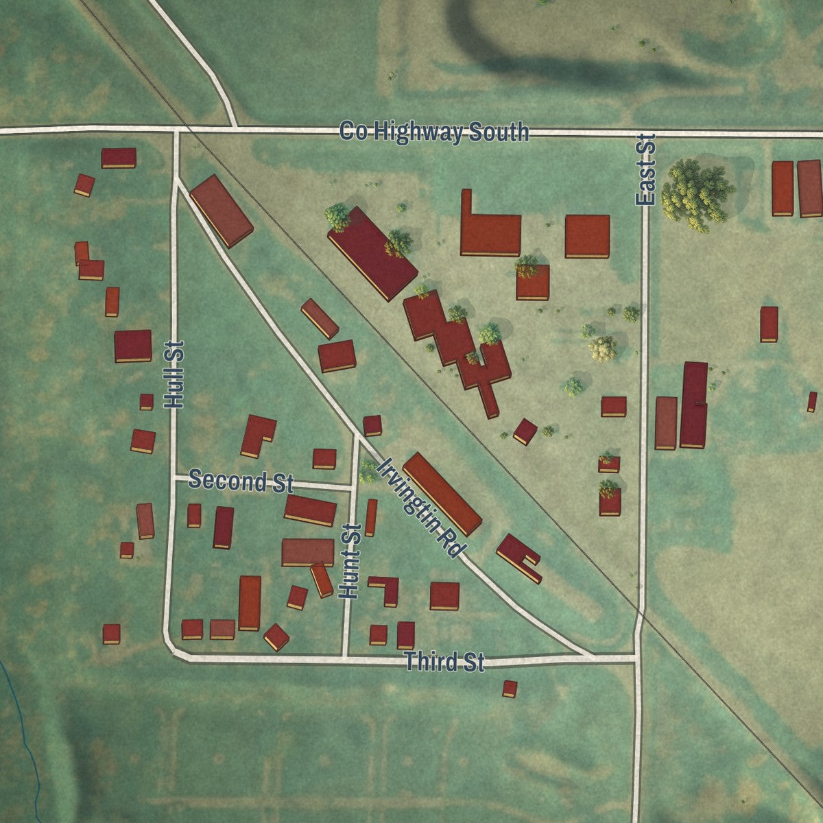Close-up of the map of Irvington, Iowa print showing street and building detail