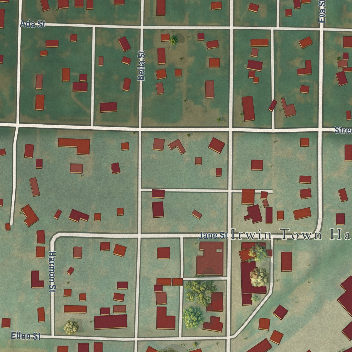Close-up of the map of Irwin, Iowa print showing street and building detail