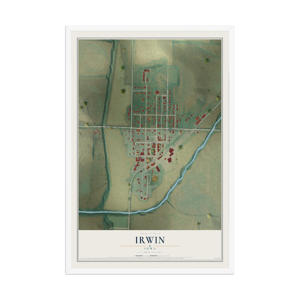 Map of Irwin, Iowa, 12 x 18 inch print in a white wood frame