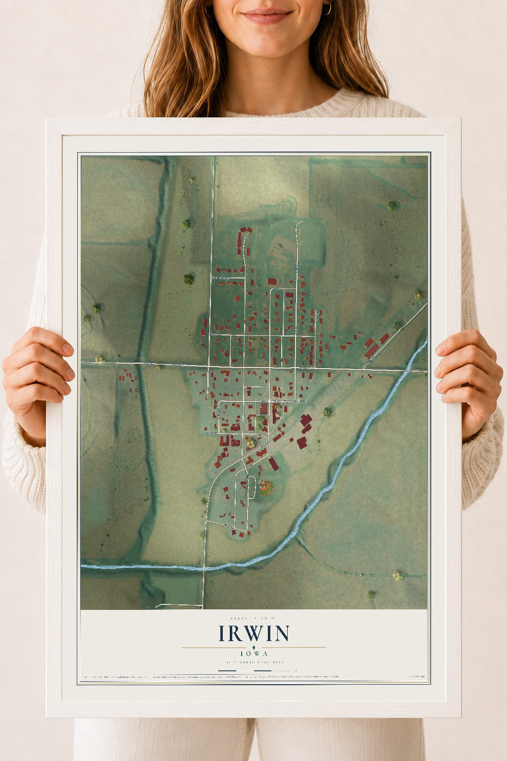 Map of Irwin, Iowa, 18 x 24 inch print in a white wood frame