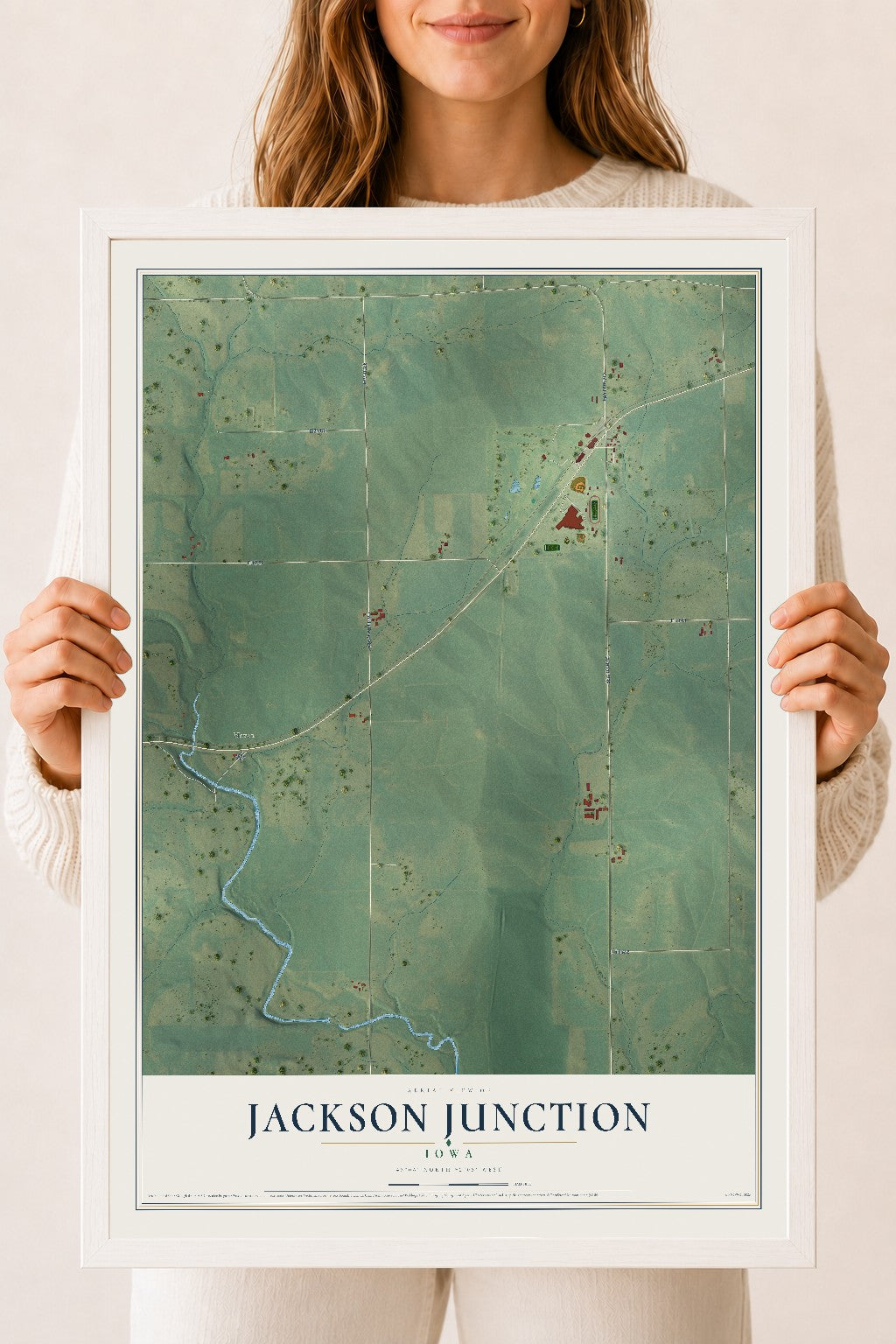 Map of Jackson Junction, Iowa, 18 x 24 inch print in a white wood frame