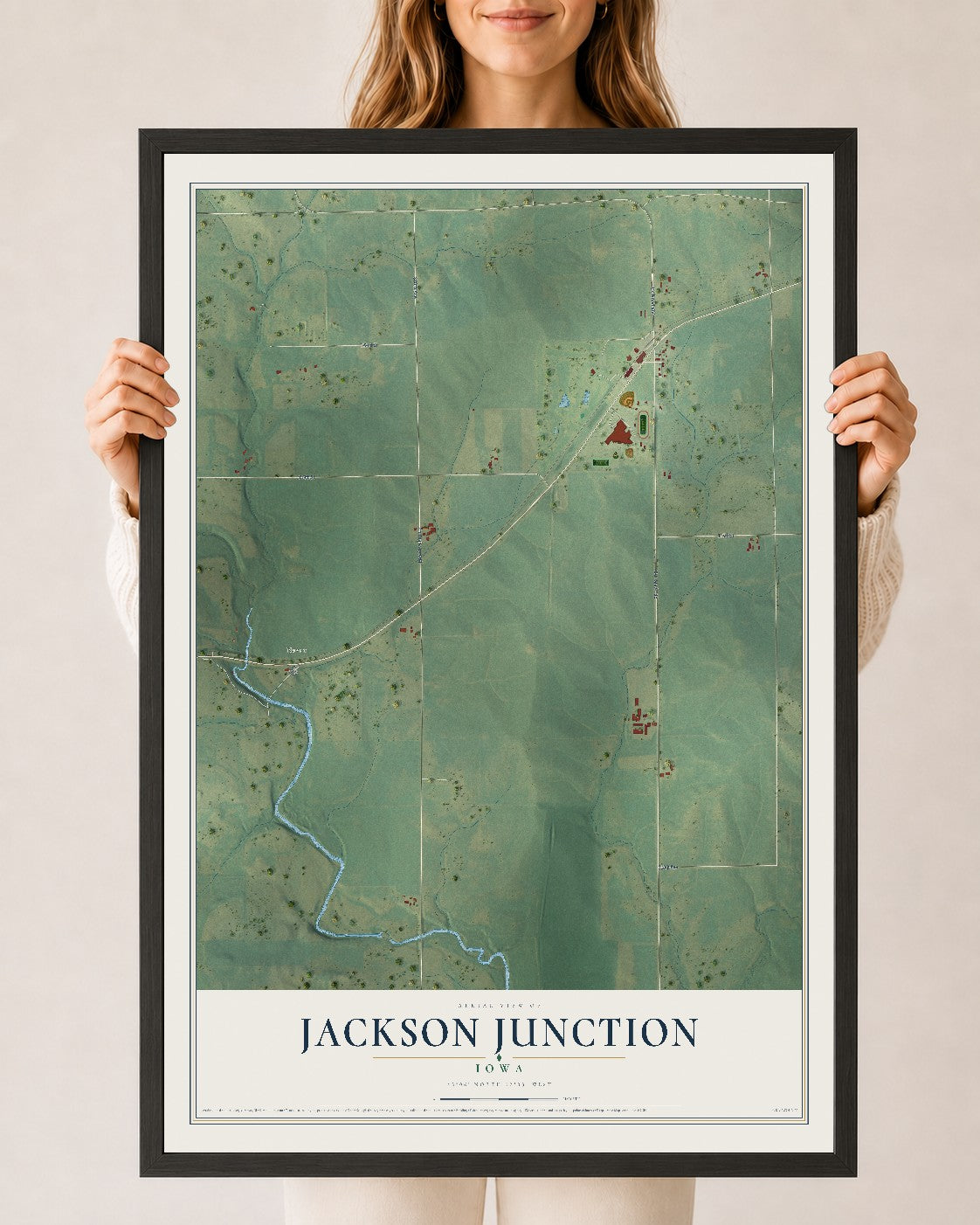 Map of Jackson Junction, Iowa, 24 x 36 inch print in a black wood frame