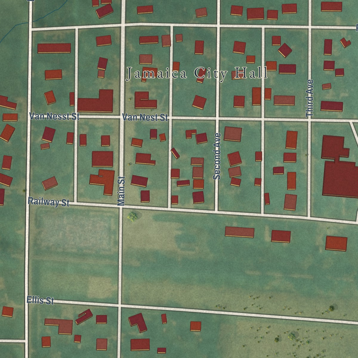 Close-up of the map of Jamaica, Iowa print showing street and building detail