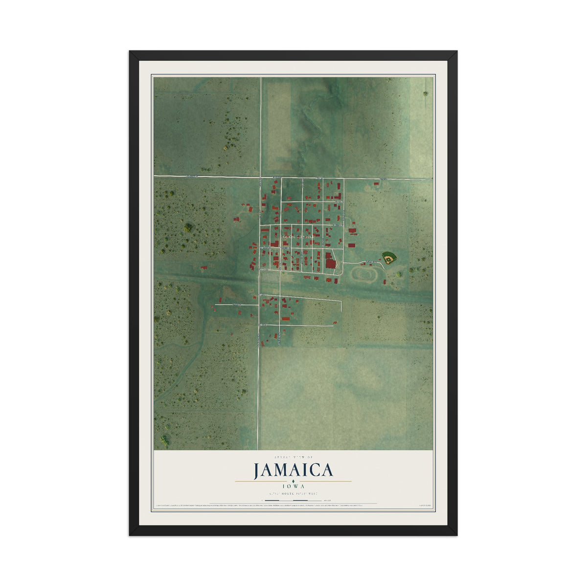 Map of Jamaica, Iowa, 12 x 18 inch print in a black wood frame