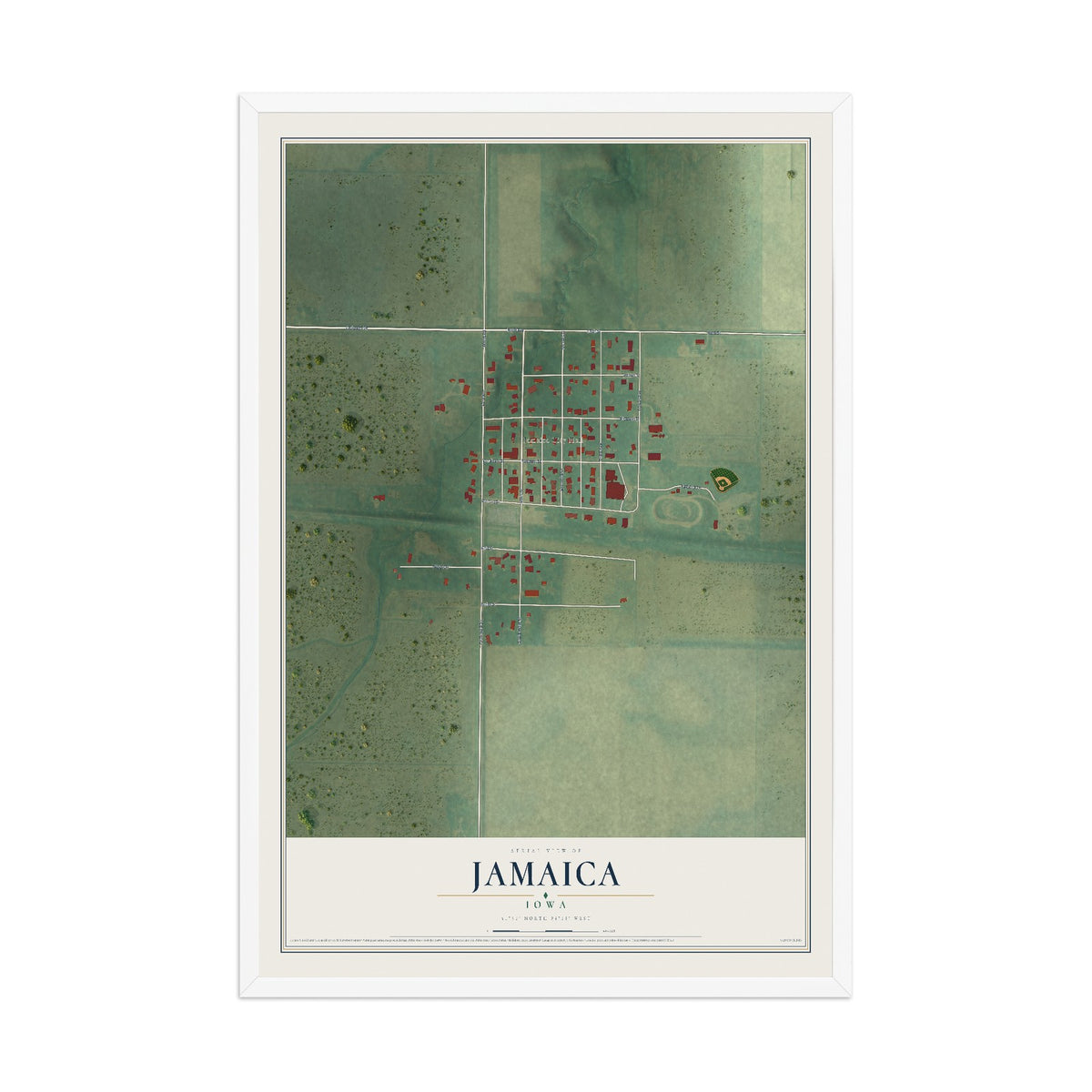 Map of Jamaica, Iowa, 12 x 18 inch print in a white wood frame