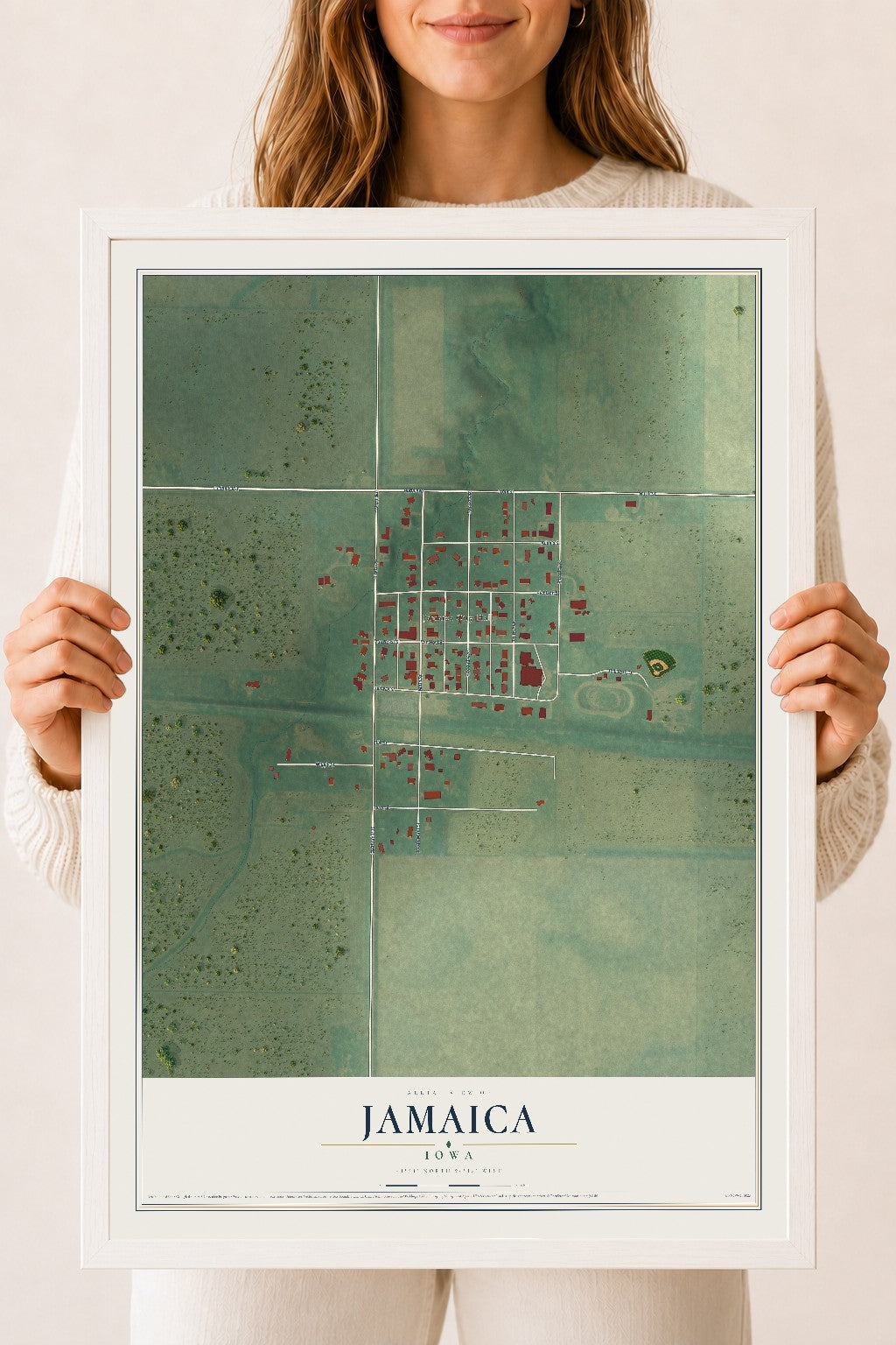 Map of Jamaica, Iowa, 18 x 24 inch print in a white wood frame