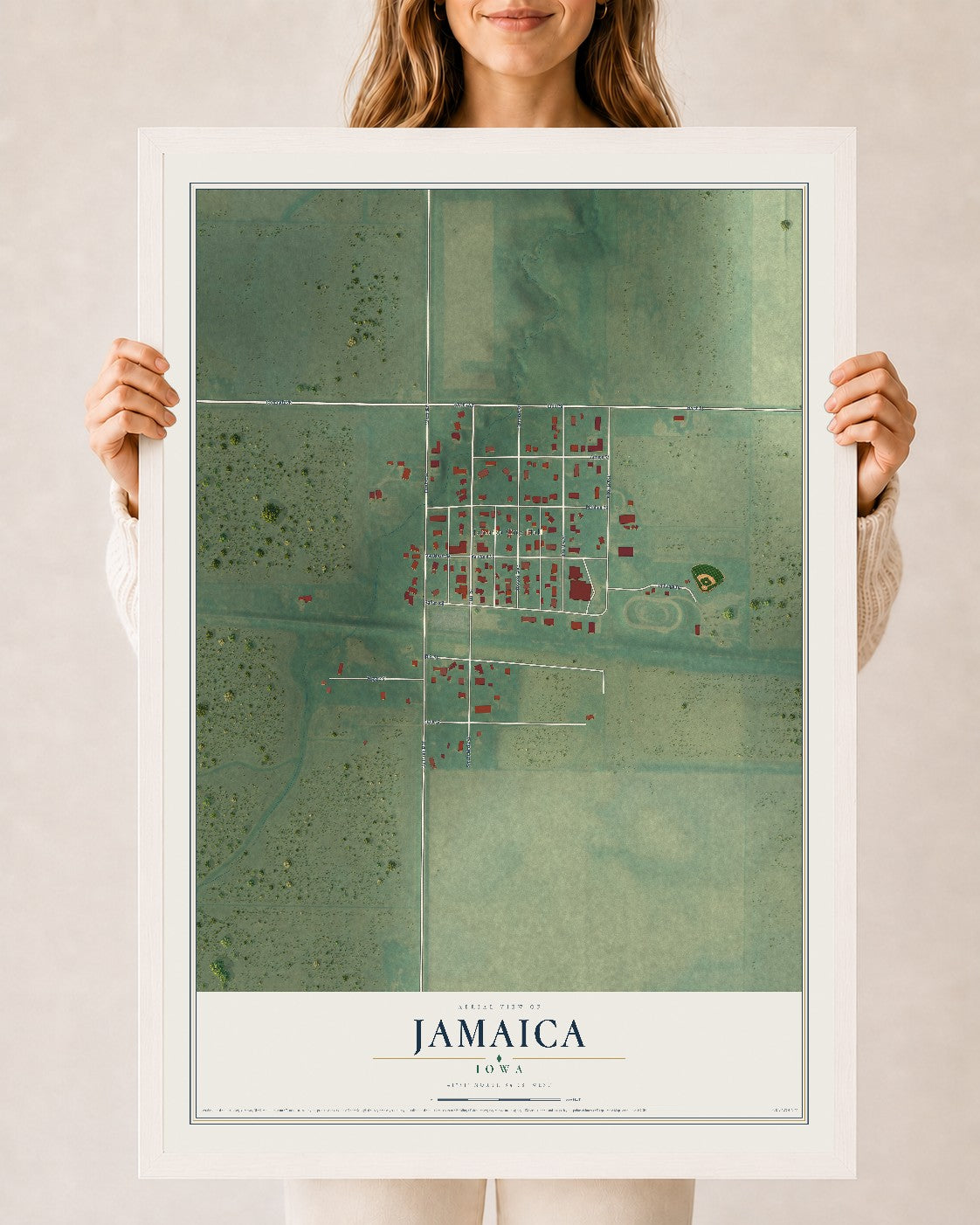 Map of Jamaica, Iowa, 24 x 36 inch print in a white wood frame
