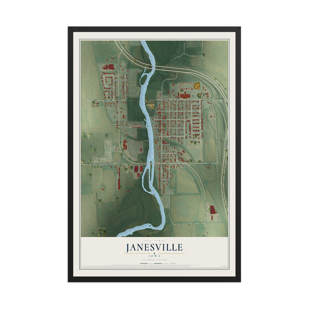 Map of Janesville, Iowa, 12 x 18 inch print in a black wood frame