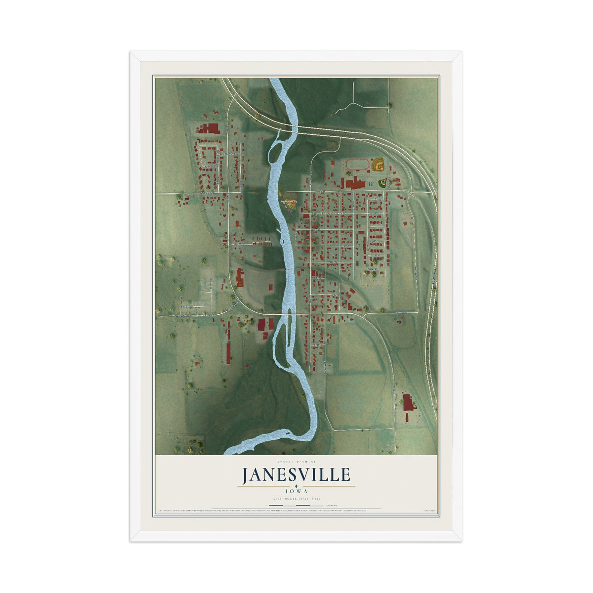 Map of Janesville, Iowa, 12 x 18 inch print in a white wood frame