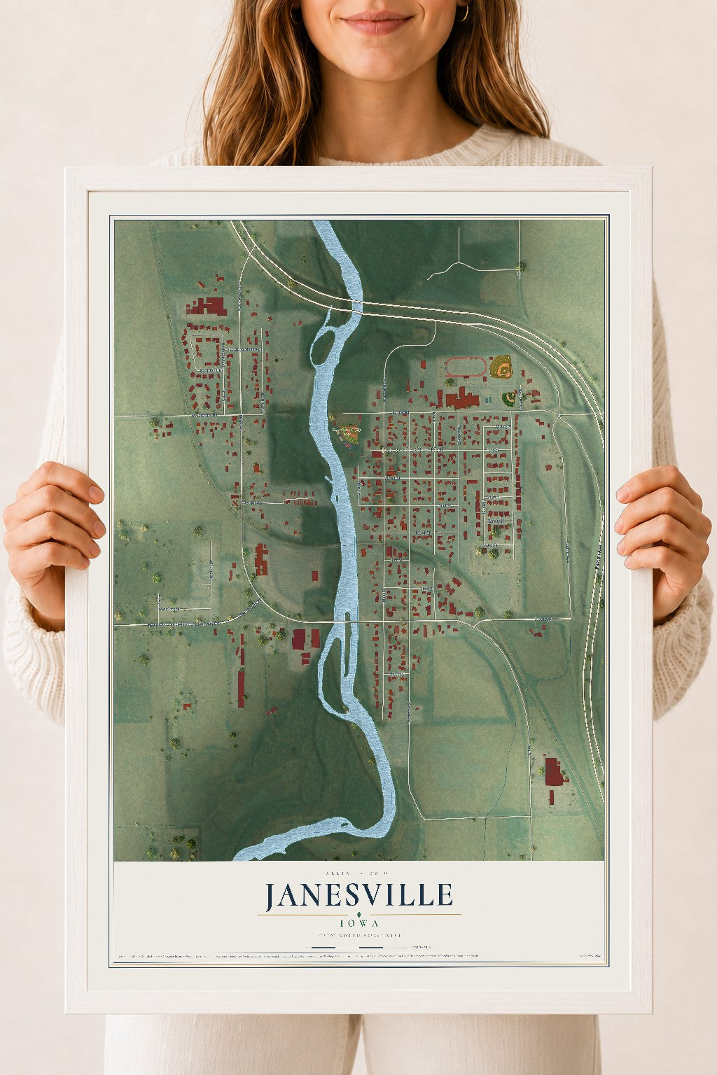 Map of Janesville, Iowa, 18 x 24 inch print in a white wood frame