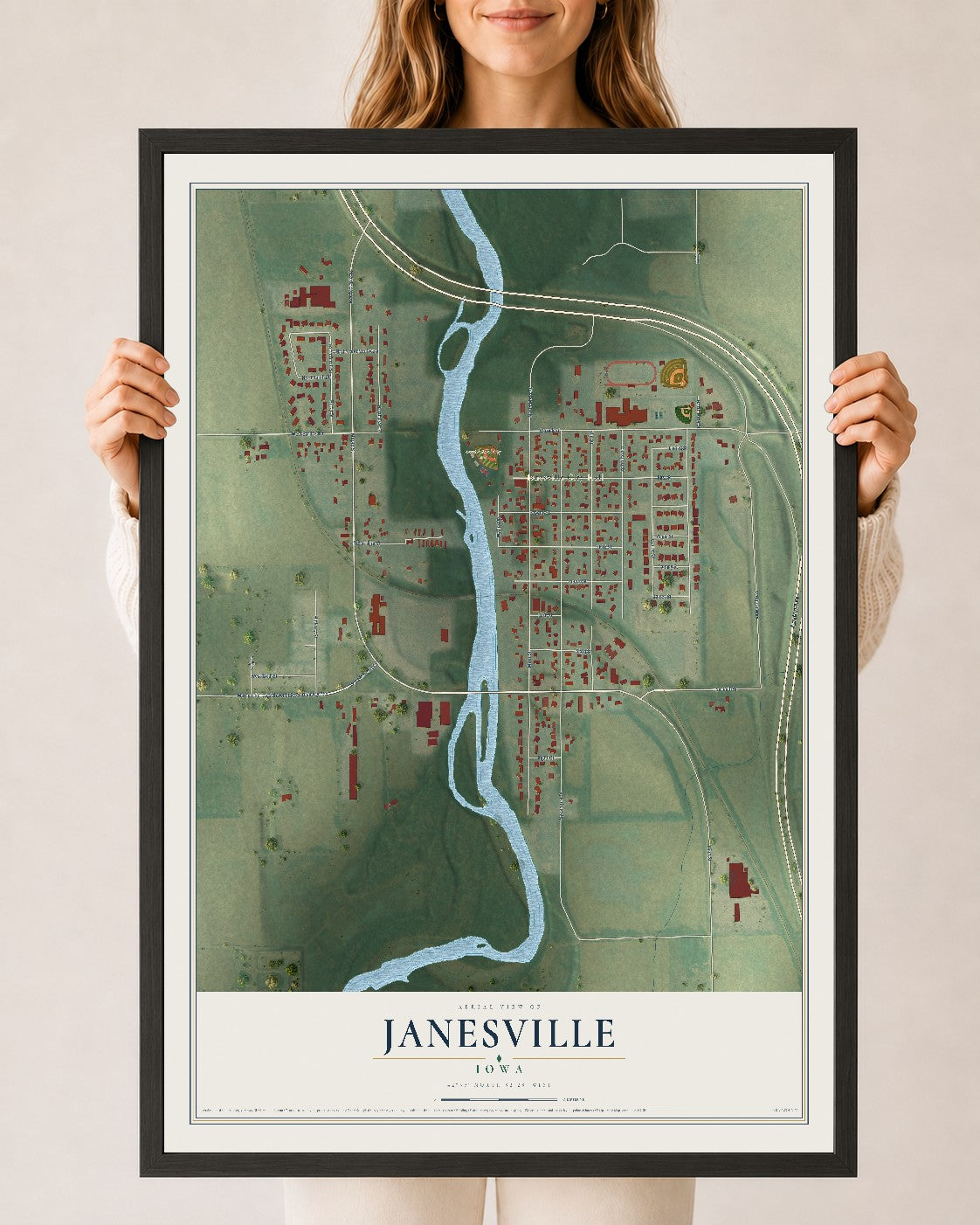 Map of Janesville, Iowa, 24 x 36 inch print in a black wood frame