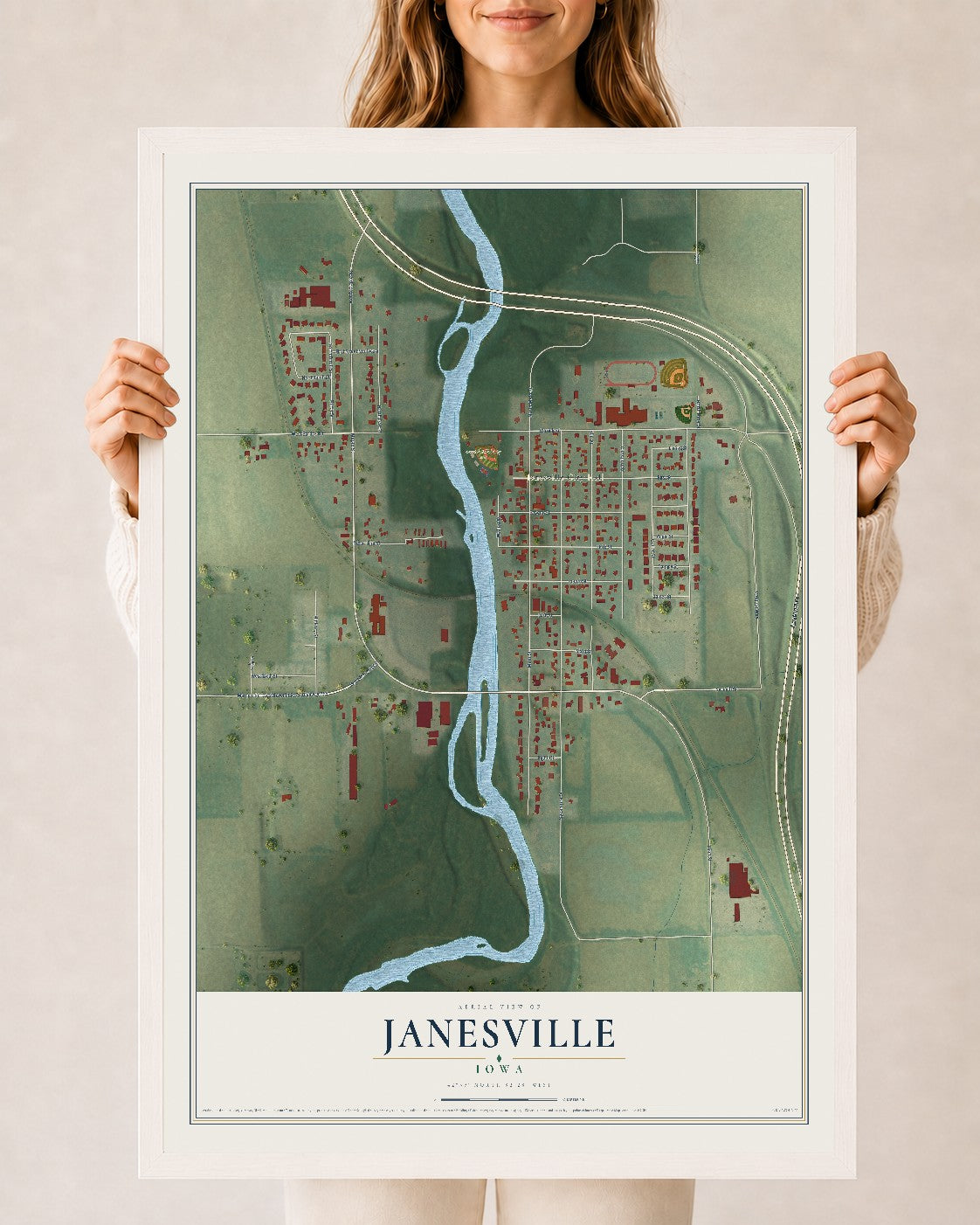 Map of Janesville, Iowa, 24 x 36 inch print in a white wood frame